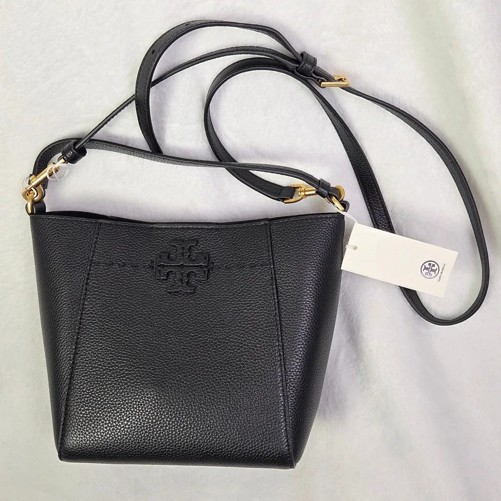 Tory Burch McGraw Small Bucket Bag Black Leather‎ Crossbody 74956 001 NWT